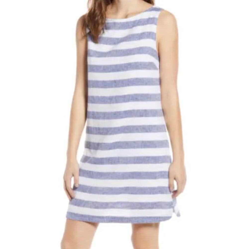 BeachLunchLounge Alina Striped Linen Cotton Sleeveless Dress Blue White Medium